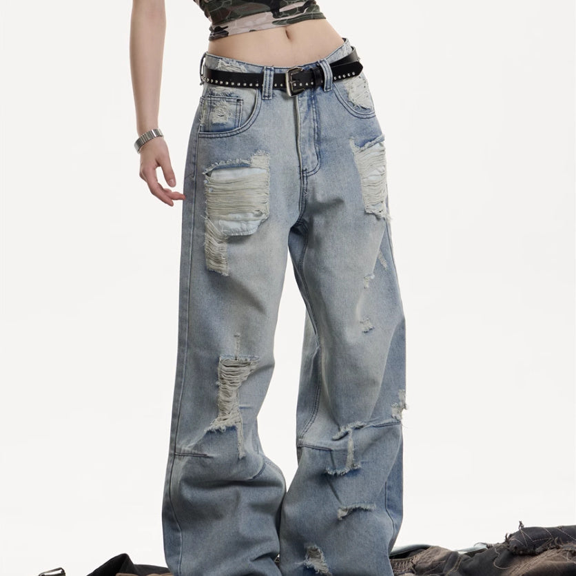 American Retro Washed Make Old Ripped Jeans Women's High Waist Loose Drooping