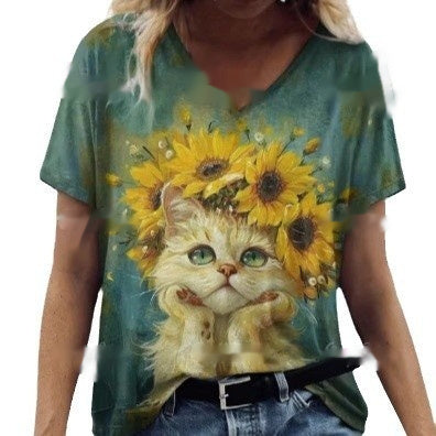 Women's Summer Cat Print Casual Short Sleeve Round Shirt Loose Clothing