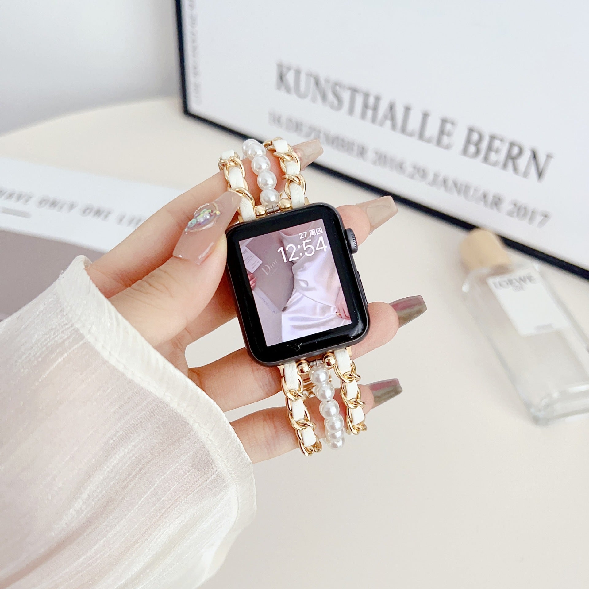 Intelligent Sports Metal Beads Leather Watch Strap