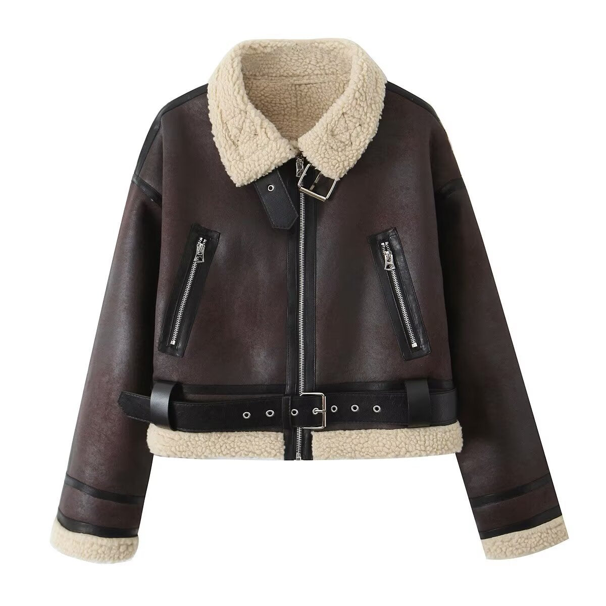 Wear Fur Integrated Lapel Thickening Warm Double-sided Casual Short Jacket Coat
