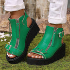 Round Toe Double Zipper Heel Buckle Hollow Women's Sandals