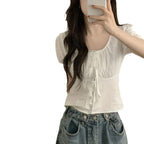Single-breasted Lace Up Short Shirt French Small Top