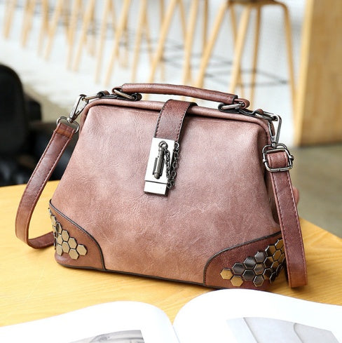 Women Handbag Leather Small Doctor Bag Women Shoulder Bag Female Crossbody Handbag Lock Chain Rivets Girls Vintage Women Bags