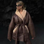 Fashion Cashmere Leather Fur Collar Composite Belt Coat