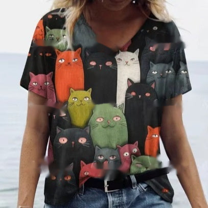 Women's Summer Cat Print Casual Short Sleeve Round Shirt Loose Clothing