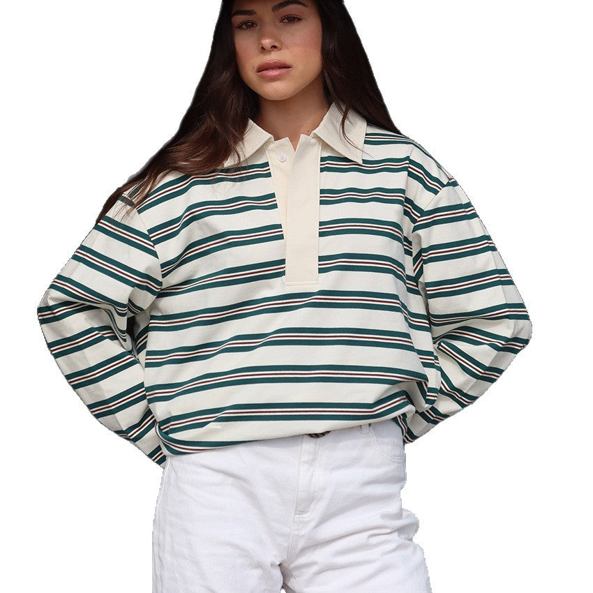 Autumn Loose Striped Polo Collar Long Sleeve Top