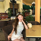 Polka Dot Lace Stitching Shirt For Women Sweet Doll Collar Slim-fit Crop-top