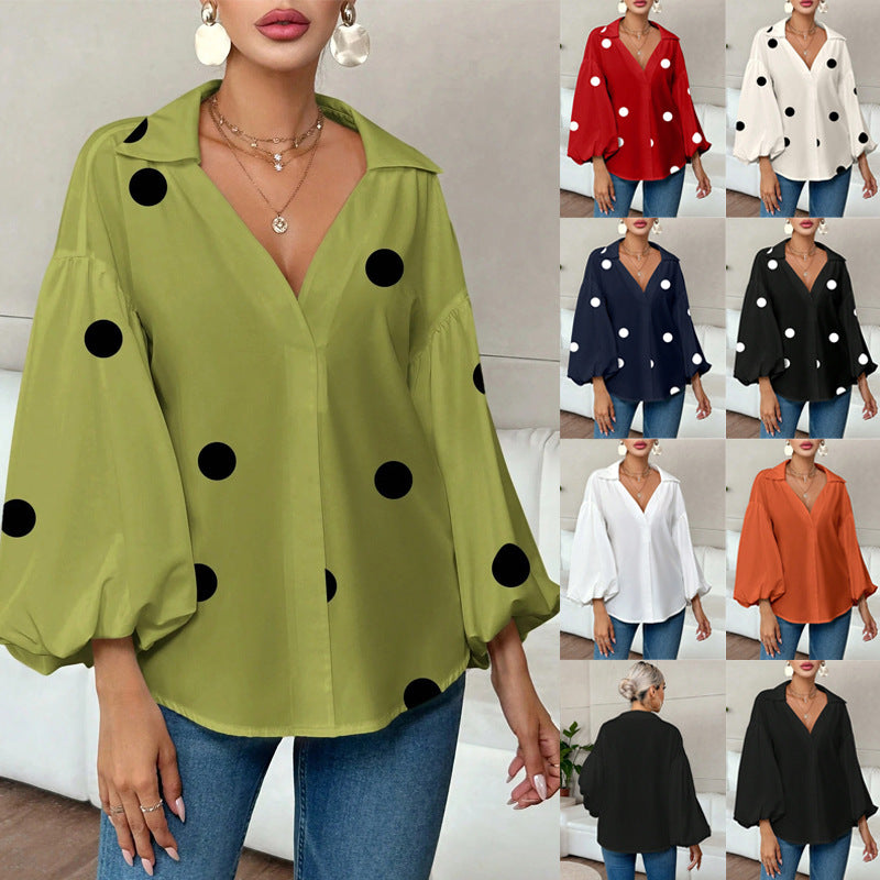 Niche Fashionable French Polka Dot Half-open Collar Design Loose Bubble Long Sleeve Top