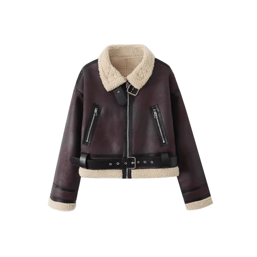 Wear Fur Integrated Lapel Thickening Warm Double-sided Casual Short Jacket Coat