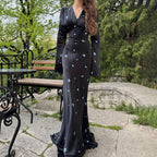 Elegant Printed Satin V-neck Long Sleeve Lace-up Dress