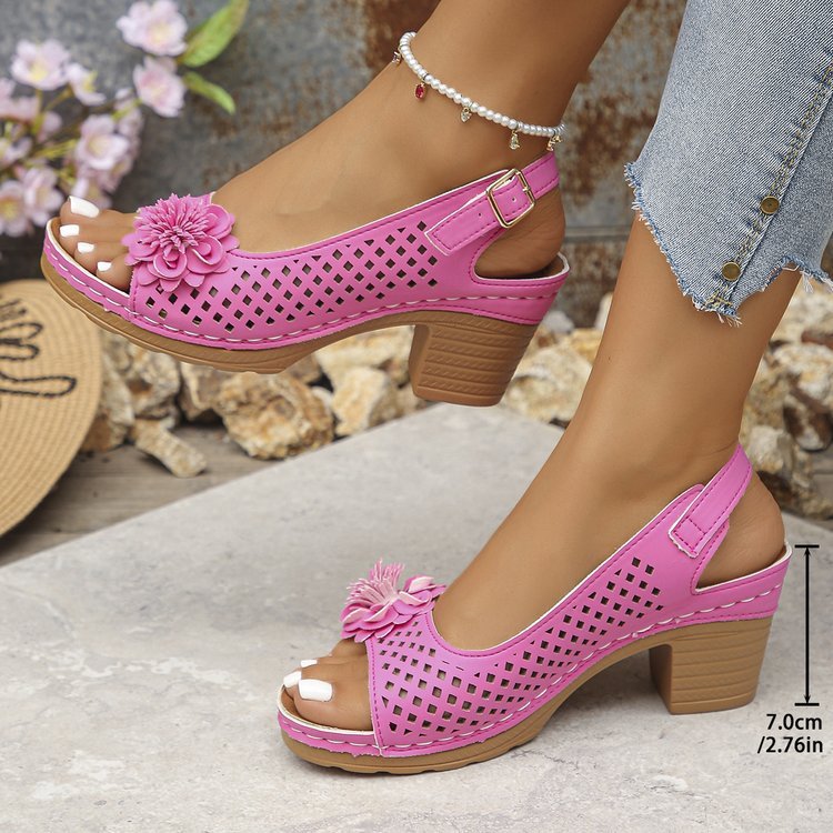 Plus Size Flower Casual Buckle Solid Color High Heel Sandals