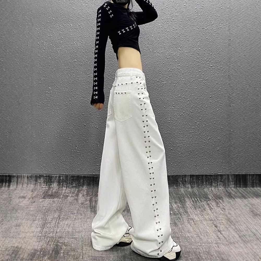 American-style Plus Size Handsome Beaded White Jeans