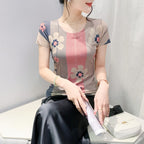 Stitching Contrast Color Flower Half-sleeve Slim Fit High Elasticity Undershirt