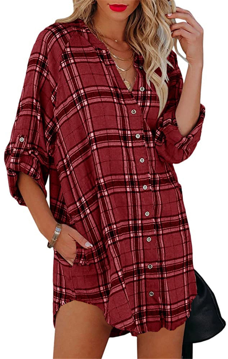 Plaid Printed V-neck Long Sleeve Top