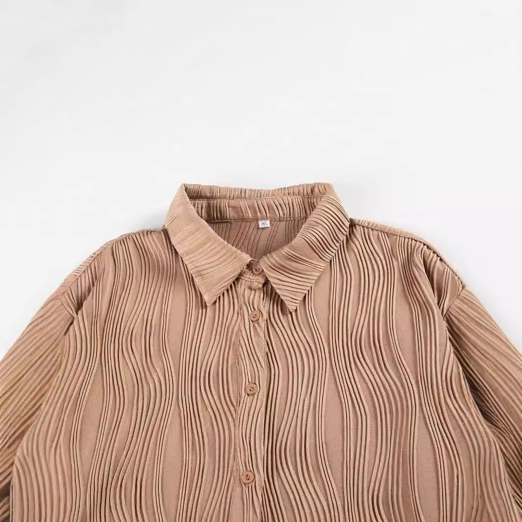 Fashionable Women's Plus Size Shirt With Fold-down Collar And Button Texture