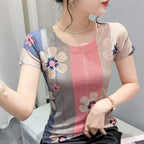 Stitching Contrast Color Flower Half-sleeve Slim Fit High Elasticity Undershirt
