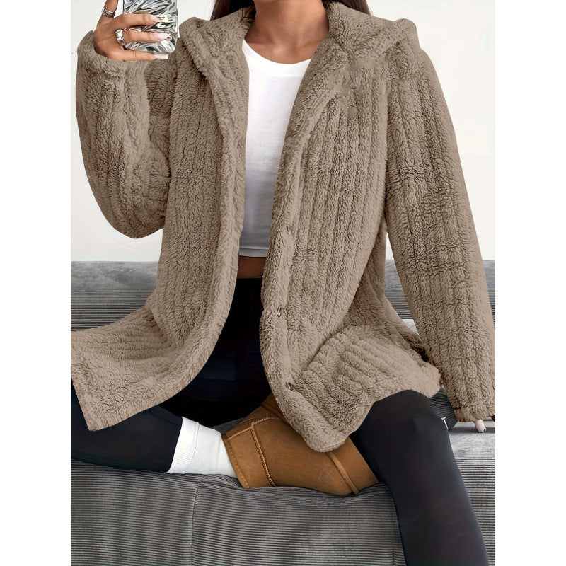Women's Solid Color Long Sleeve Hooded Loose Plush Coat