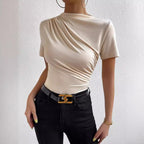Women's Slim-fit Short-sleeved T-shirt With Small Turtleneck Pleating