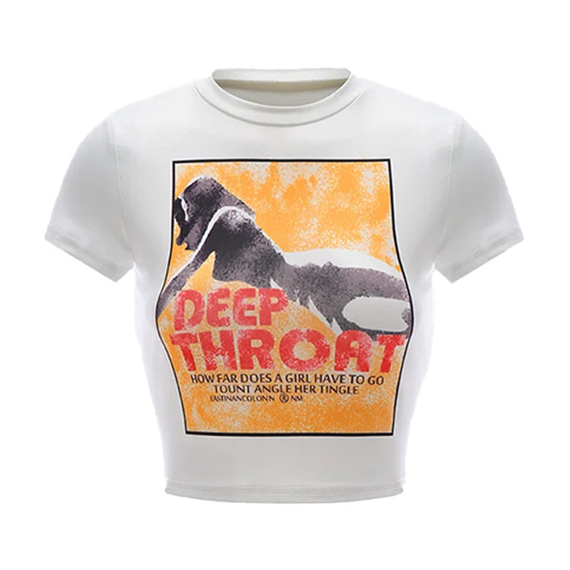 Slim Fit Printed Letter Retro Gothic Round Neck Short Sleeve T-shirt Top