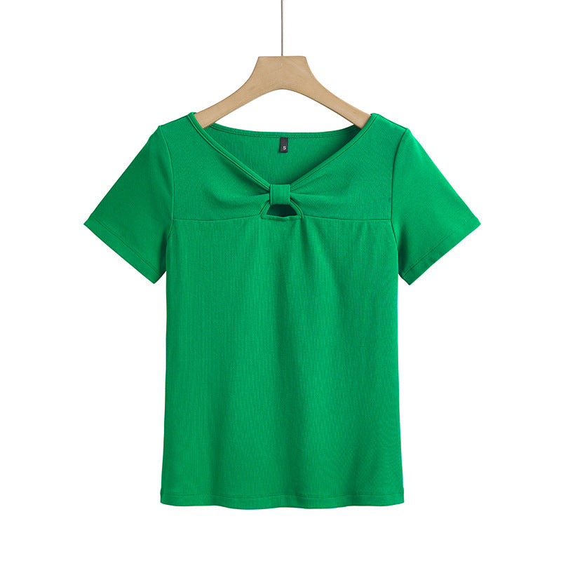 Women's Korean-style Slim-fit Cotton Short-sleeved Hollow-out Chest Bow