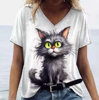 Women's Summer Cat Print Casual Short Sleeve Round Shirt Loose Clothing