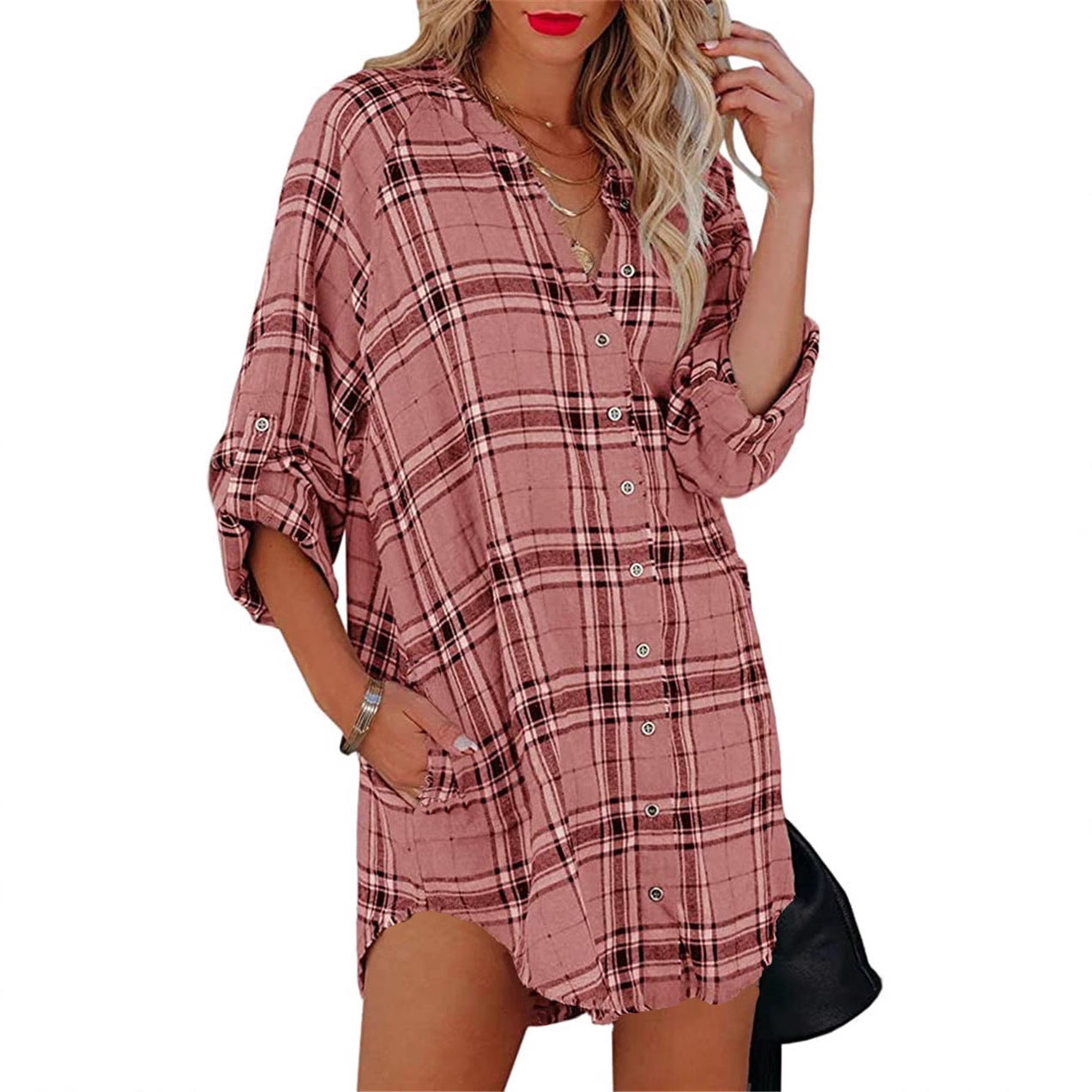 Plaid Printed V-neck Long Sleeve Top