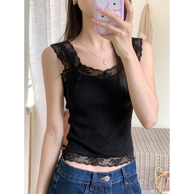 Sweet And Spicy Lace Stitching Floral Slim-fitting Suspenders Vest