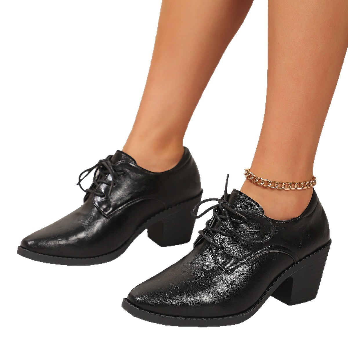 Pointed British Style High Heel Chunky Heel Front Lace-up Low-top Leather Shoes