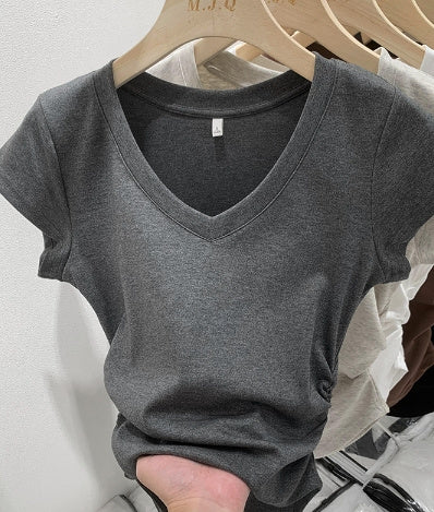 Sweet Cool Hot Girl Style Short-sleeved T-shirt Women's V-neck Shoulder Slim Fit Slimming