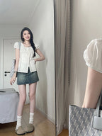 U-collar Shirt Women's Shoulder Slim-fit Short Puff Sleeve Shirt