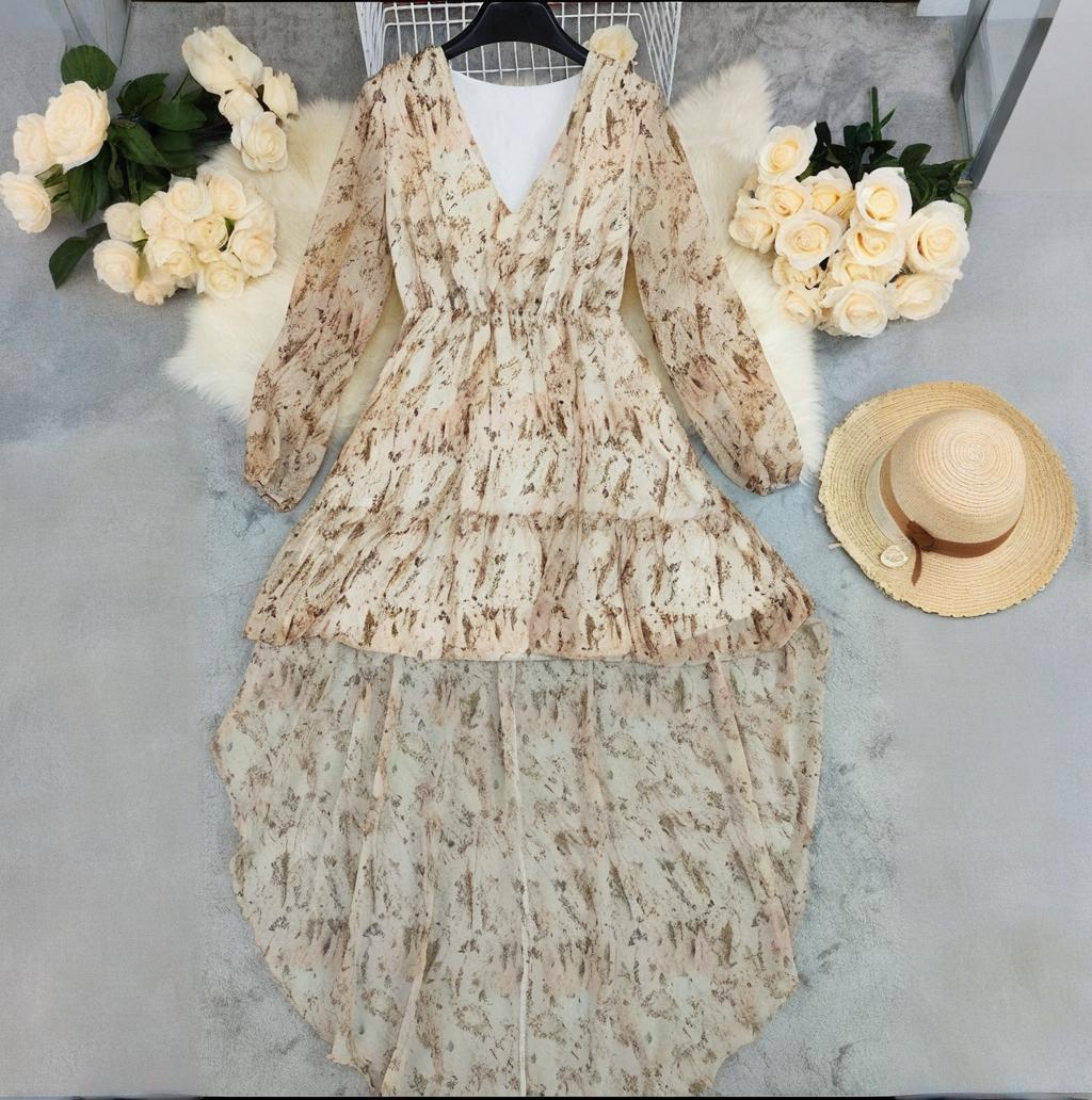 V-neck Irregular Hem Printed Long Sleeve Dress