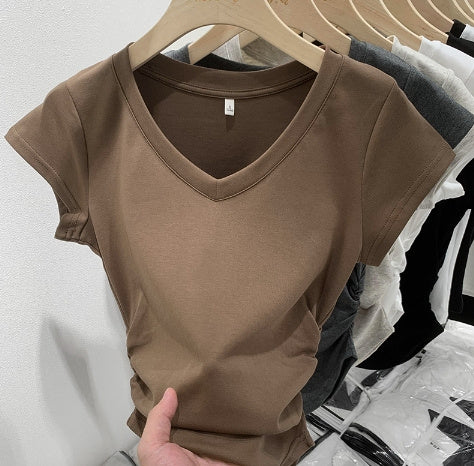 Sweet Cool Hot Girl Style Short-sleeved T-shirt Women's V-neck Shoulder Slim Fit Slimming