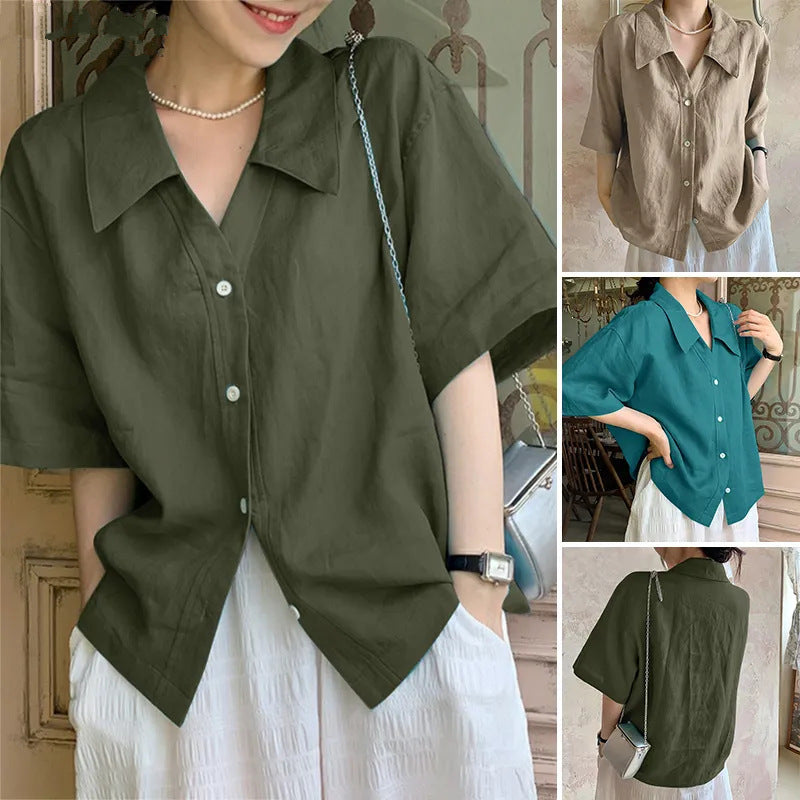 New Retro Loose Solid Color Short Sleeve Shirt