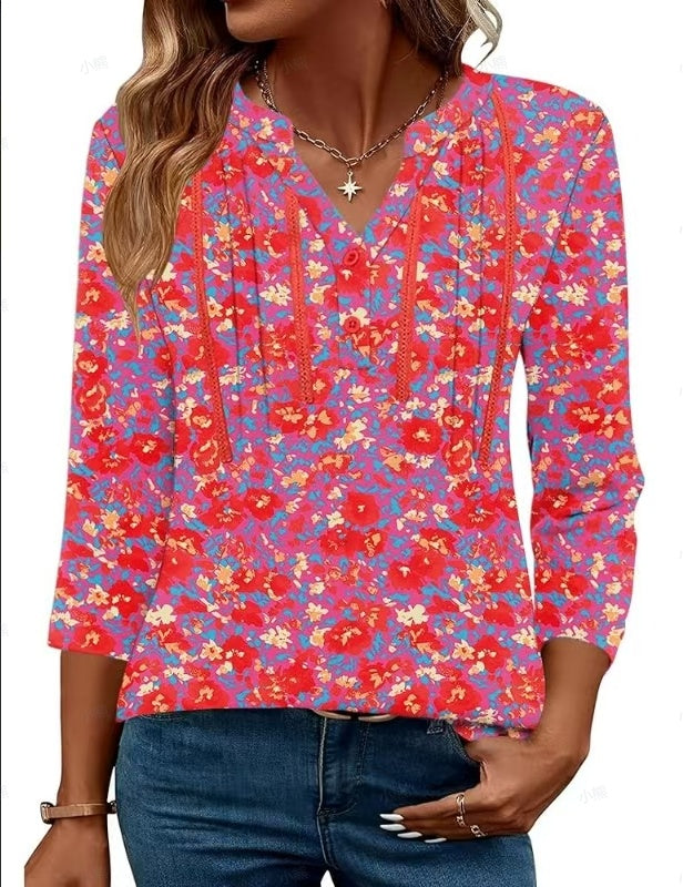 Women'S V-Neck Long Sleeve Shirt With Letter Print