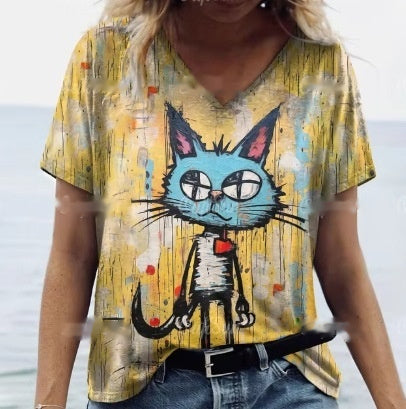 Women's Summer Cat Print Casual Short Sleeve Round Shirt Loose Clothing