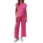 Simple Casual Style Solid Color Top Wide Leg Sweater Suit