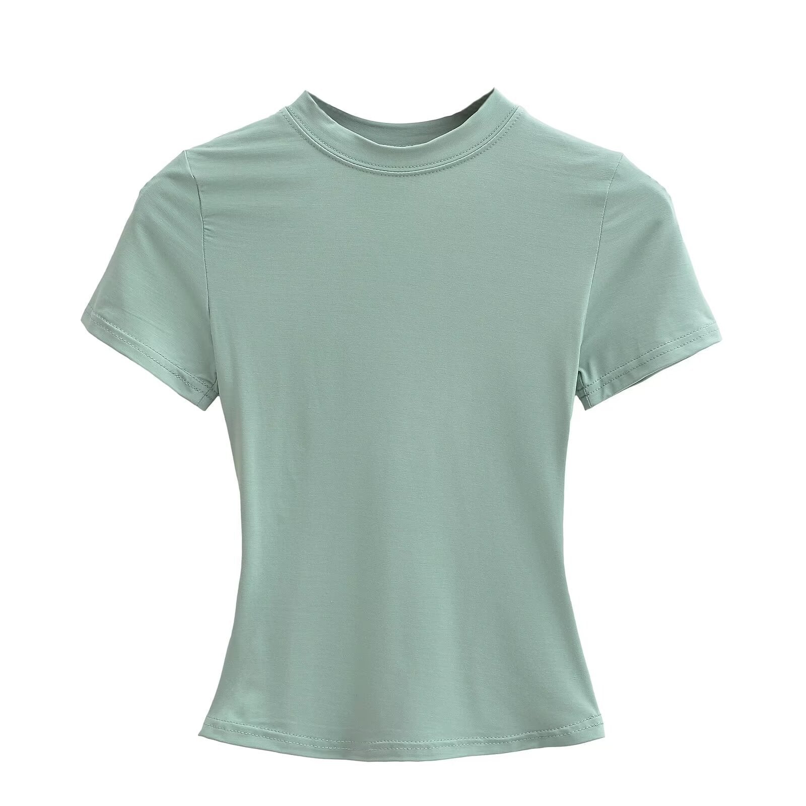 Solid Color Small Round Neck Elastic Shoulder Short Sleeve T-shirt Basic Style Waist-tight