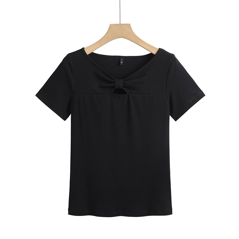 Women's Korean-style Slim-fit Cotton Short-sleeved Hollow-out Chest Bow