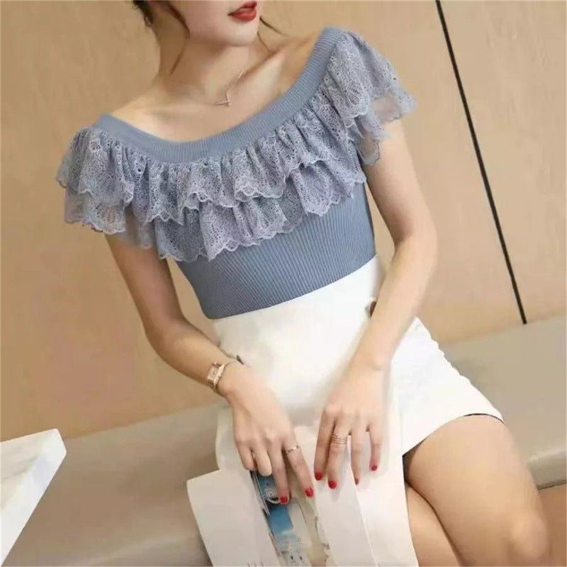 Off-shoulder Top Slim Lace Stitching Ruffled Short Sleeves