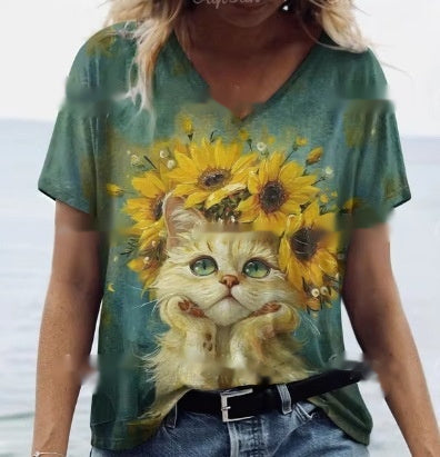 Women's Summer Cat Print Casual Short Sleeve Round Shirt Loose Clothing