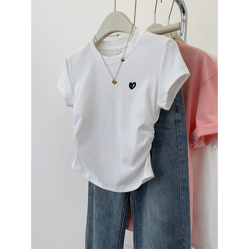 Short Sleeve T-shirt Female Gray Love Embroidery