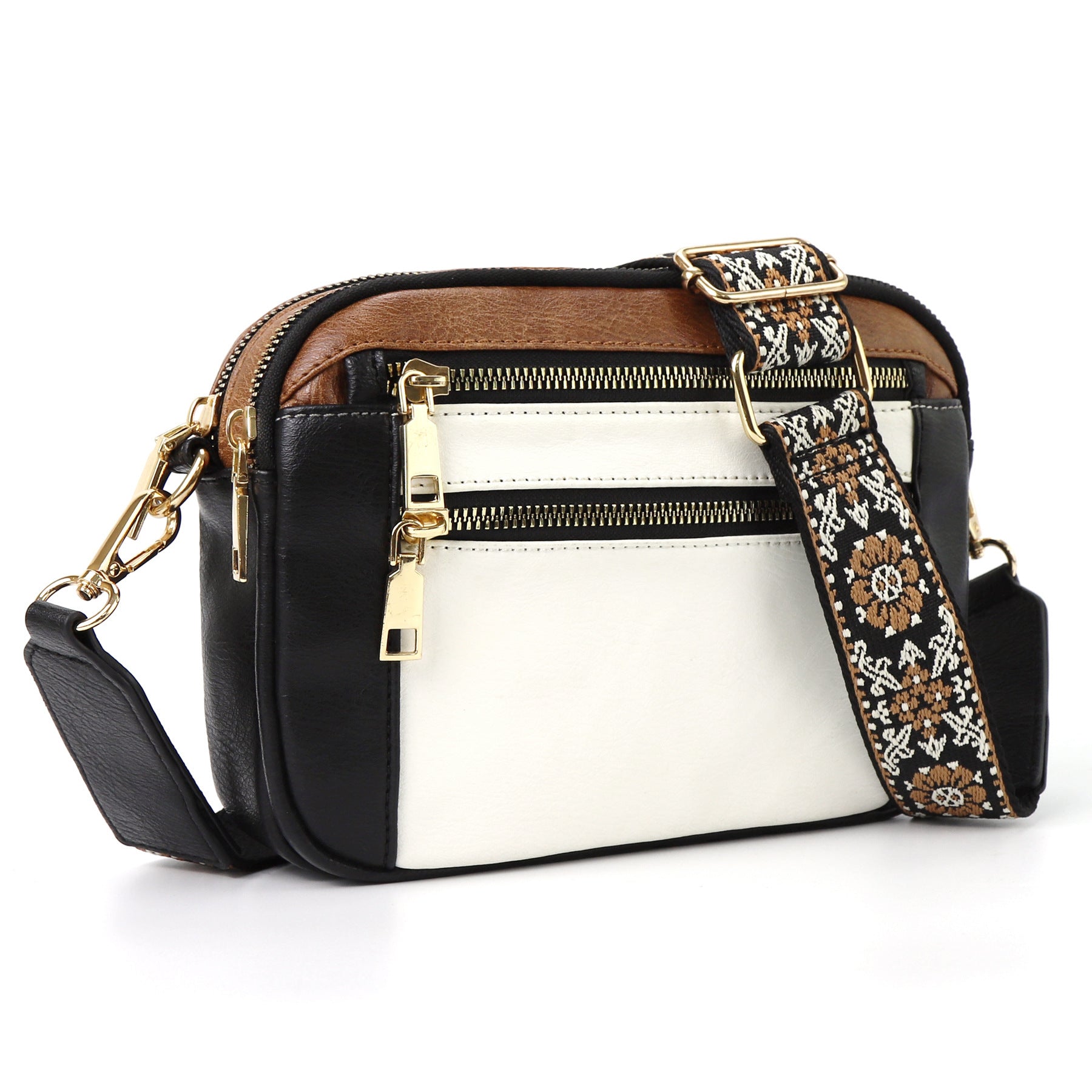 Triple-zipper Shoulder Bag With Floral Embroidered Straps Fashion Colorblock Multi-functional Crossbody Bags For Women