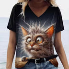 Women's Summer Cat Print Casual Short Sleeve Round Shirt Loose Clothing