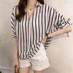 Lace-up Three-quarter Sleeve Striped Shirt For Women