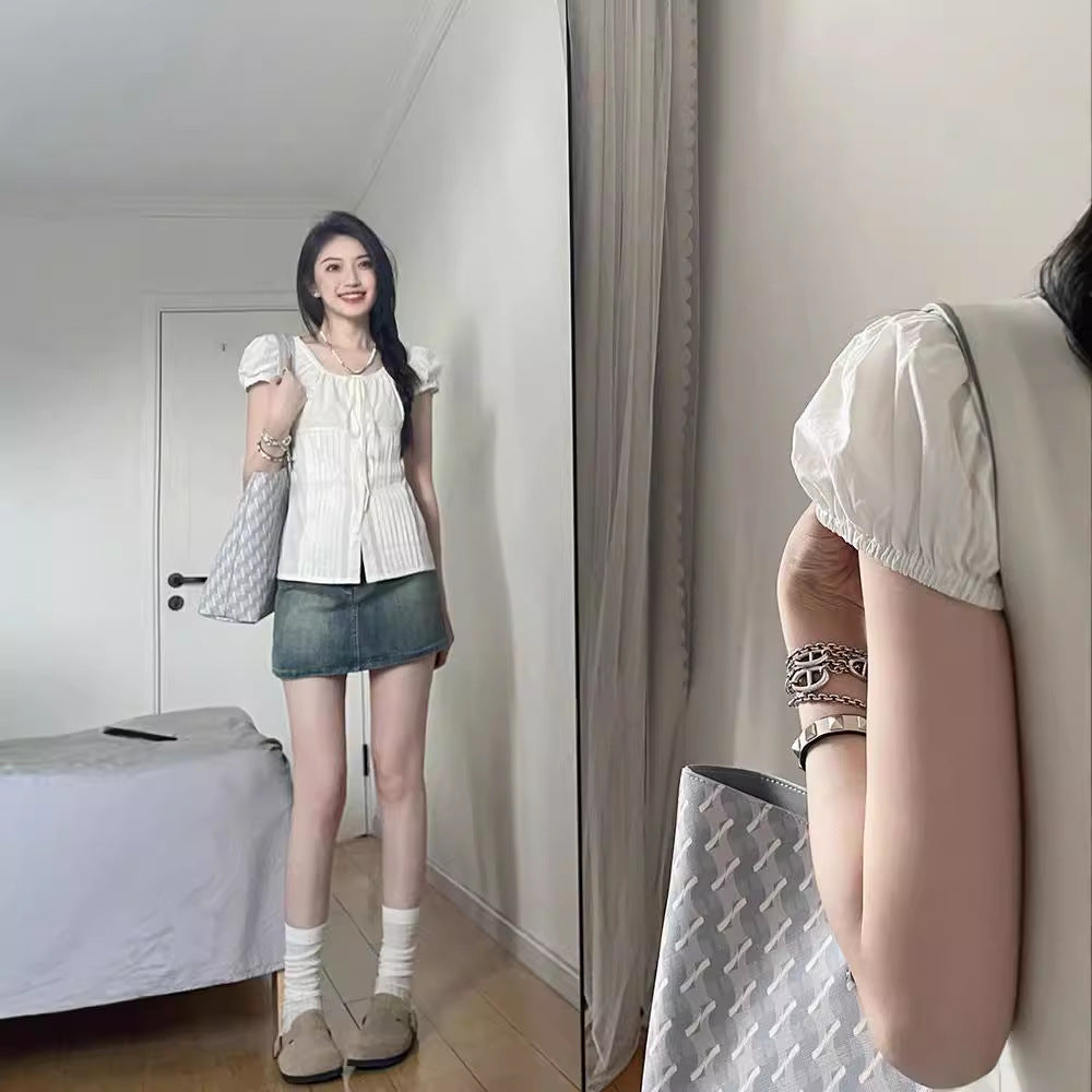 U-collar Shirt Women's Shoulder Slim-fit Short Puff Sleeve Shirt