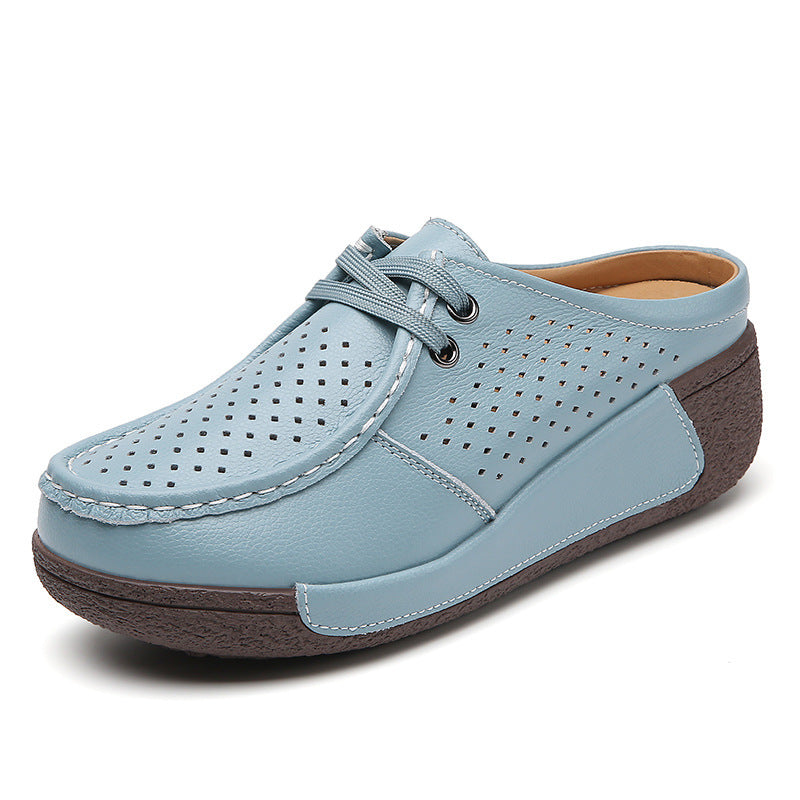 New Plus Size Hollow-out Soft Bottom Wedge Women's Genuine Leather Platform Slippers Summer Outerwear