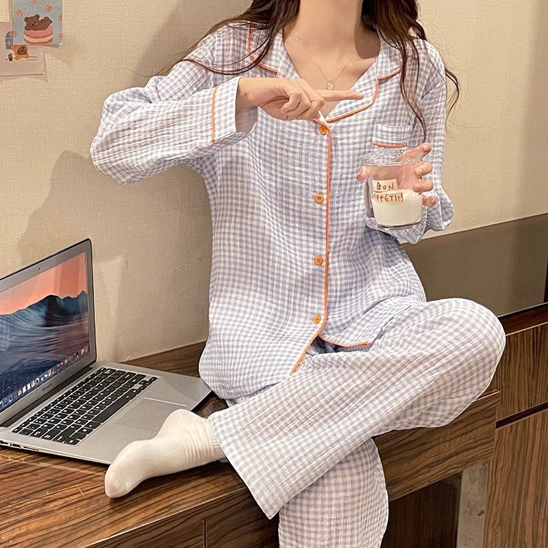 Yellow Plaid Long Sleeve Couple Simple Homewear Suit