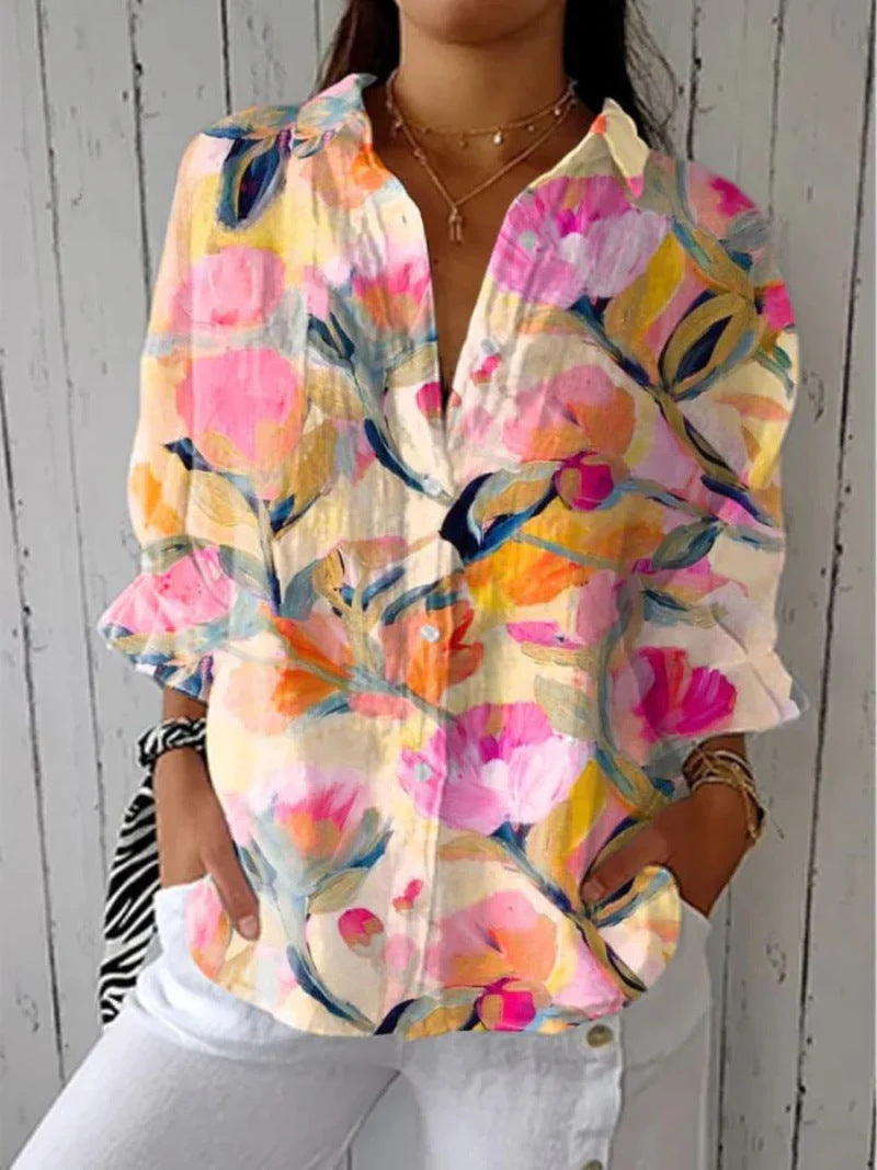 Women's Creative Fashion 3D Printing Lapel Casual Shirt