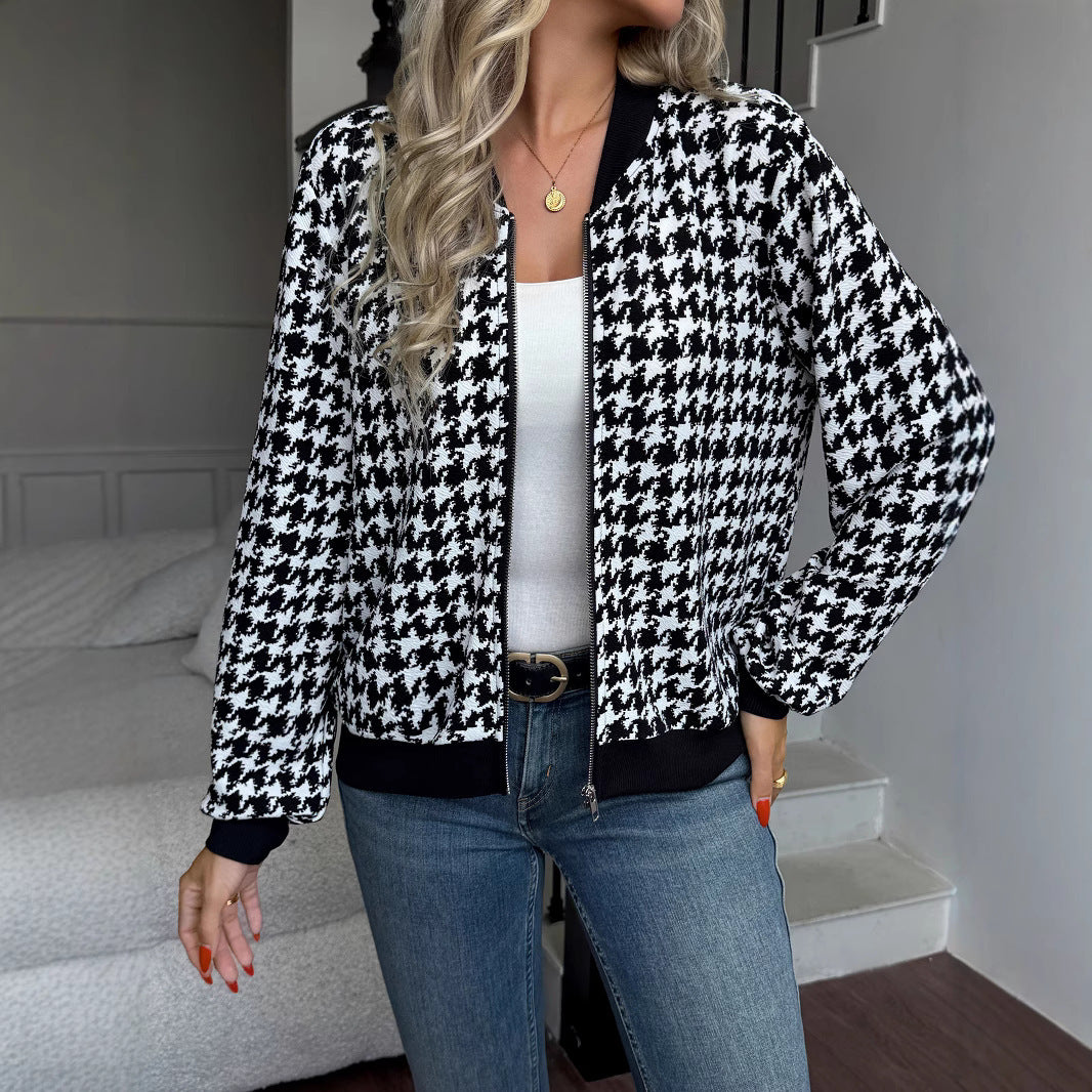 Zipper Houndstooth Jacket Loose Slim-fit Casual Shirt